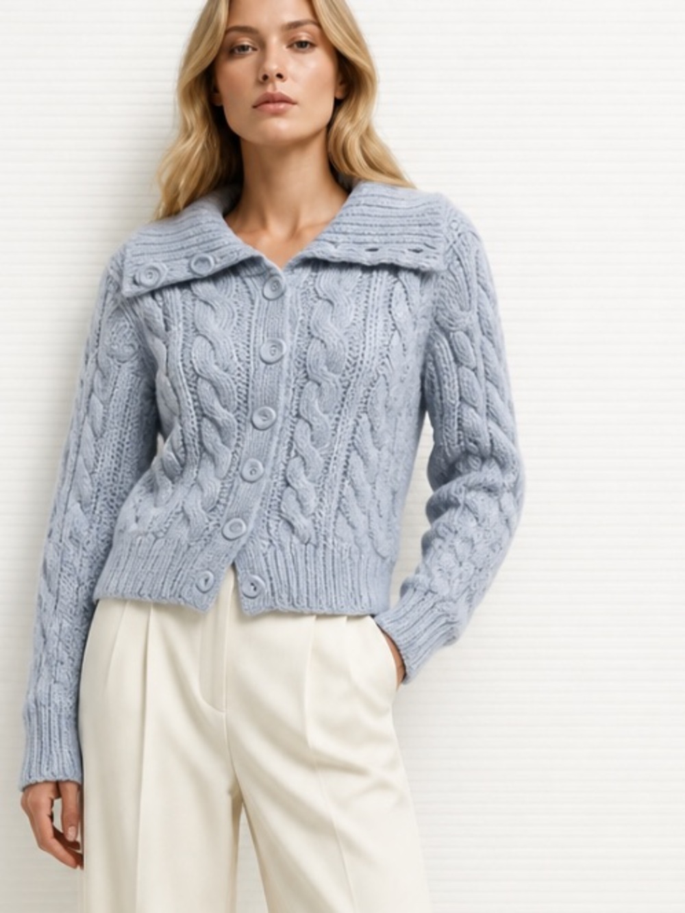 ONE GIRL WHO Anthropologie Sweater Cardigan Chunky Wool Blend Cable Blue
